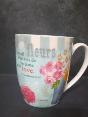 Sandy Clough Christian Art Floral Love Ceramic Mug - Light Blue with Pink Roses